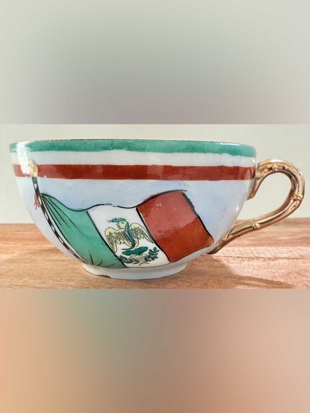Vintage Porcelain Tea Cup Mexican Flag Design  Rare Historical Souvenir